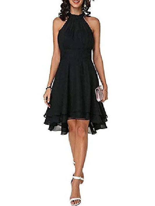 A-Line Flirty Empire Engagement Cocktail Party Dress Halter Neck Sleeveless Knee Length Chiffon with Sleek Tier - RongMoon