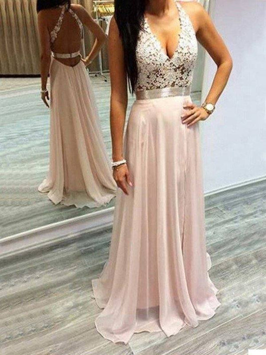 A-Line/Princess Halter Sleeveless Chiffon Lace Sweep/Brush Train Dresses - RongMoon