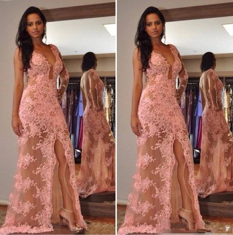 One-shoulder Muslim Evening Dresses Mermaid V-neck Tulle Lace Beaded Islamic Dubai Saudi Arabic Long Formal Evening Gown - RongMoon