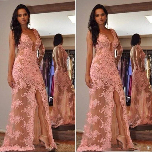 One-shoulder Muslim Evening Dresses Mermaid V-neck Tulle Lace Beaded Islamic Dubai Saudi Arabic Long Formal Evening Gown - RongMoon
