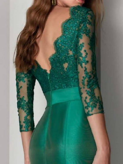 Mermaid / Trumpet Mother of the Bride Dress Elegant Square Neck Floor Length Lace Satin 3/4 Length Sleeve with Bow(s) Appliques - RongMoon