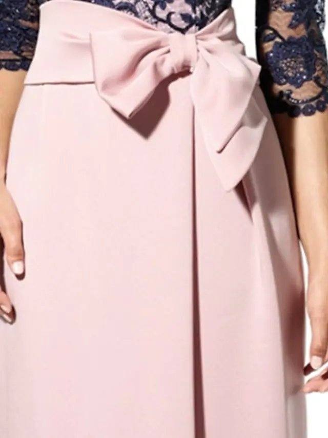 Sheath / Column Mother of the Bride Dress Elegant Jewel Neck Floor Length Lace Satin 3/4 Length Sleeve with Bow(s) - RongMoon