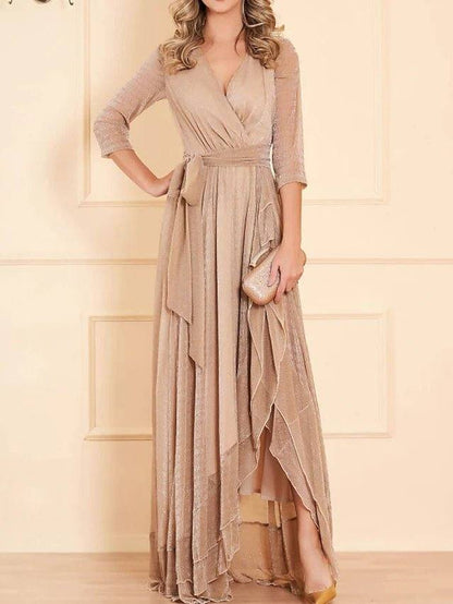 Sheath / Column Sparkle Elegant Engagement Formal Evening Dress V Neck 3/4 Length Sleeve Asymmetrical Satin with Sash / Ribbon - RongMoon