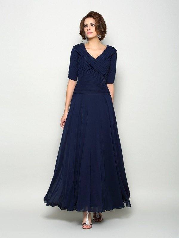 A-Line/Princess V-neck 1/2 Sleeves Long Chiffon Mother of the Bride Dresses - RongMoon