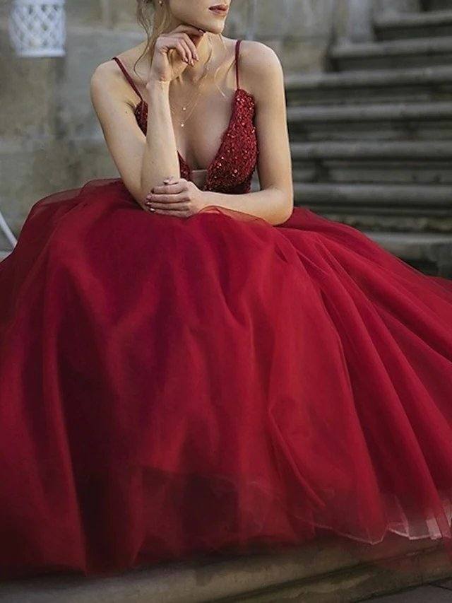 A-Line Luxurious Sexy Wedding Guest Prom Dress V Neck Spaghetti Strap Sleeveless Sweep / Brush Train Lace Tulle with Pleats - RongMoon