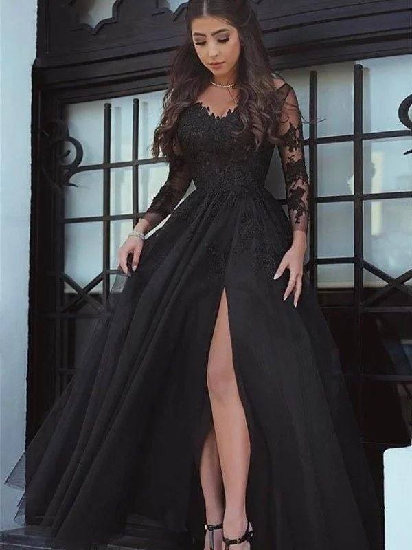 Ball Gown Long Sleeves Off-the-Shoulder Floor-Length Tulle Applique Dresses - RongMoon
