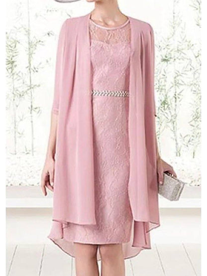 Two Piece Sheath / Column Mother of the Bride Dress Elegant Illusion Neck Jewel Neck Knee Length Chiffon Lace Satin 3/4 Length Sleeve with Lace Sash / Ribbon - RongMoon