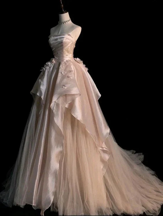 Pink Gorgeous Elegant Exquisite Beading A-Line Off Shoulder Long Tulle Ball Gown Evening Gown Wedding Dress gh3415