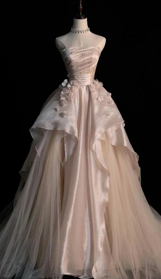 Pink Gorgeous Exquisite A-line Off-shoulder Beaded Long Tulle Ball Gown Wedding Dress Evening Gown gh3497
