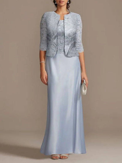 Sheath / Column Mother of the Bride Dress Elegant Scoop Neck Floor Length Polyester 3/4 Length Sleeve with Lace - RongMoon