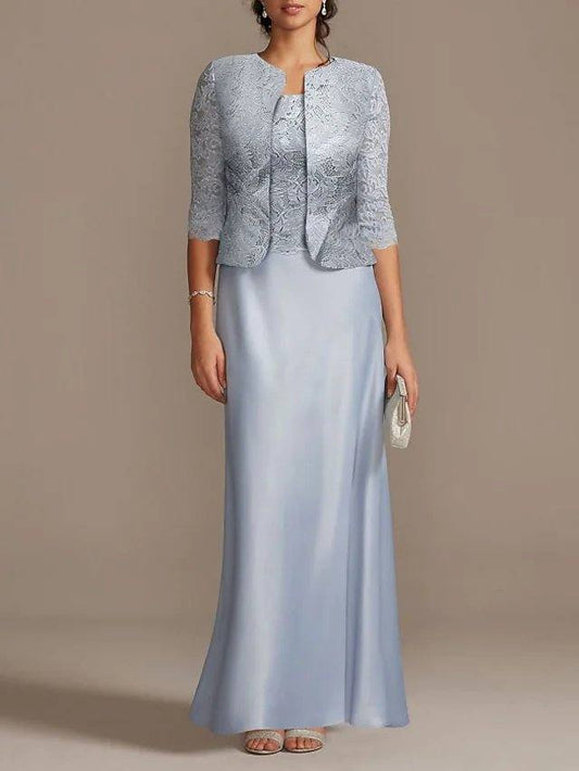 Sheath / Column Mother of the Bride Dress Elegant Scoop Neck Floor Length Polyester 3/4 Length Sleeve with Lace - RongMoon