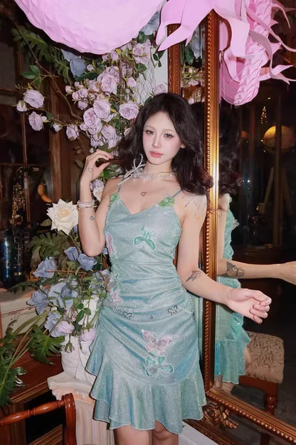 Fashion Mint Green Sparkling Sequin Spaghetti Strap Ruffled Hem Short 16th Birthday Party Dress Homecoming Dress HZ1024