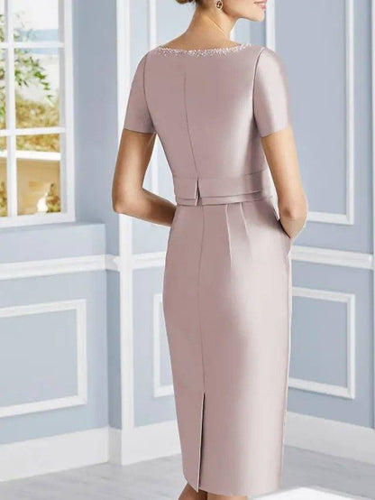 Two Piece Sheath / Column Mother of the Bride Dress Luxurious Elegant Jewel Neck Knee Length Satin Short Sleeve with Pearls - RongMoon