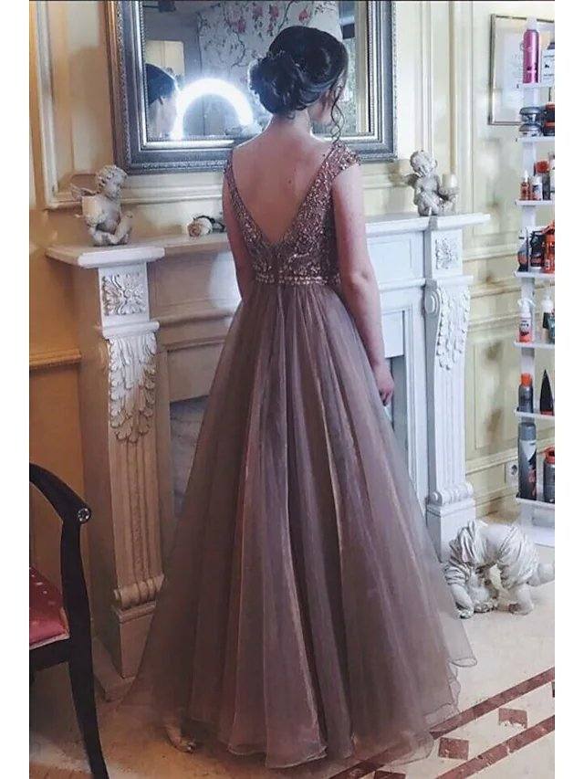 A-Line Bateau Neck Floor Length Tulle / Sequined Bridesmaid Dress with Sequin - RongMoon