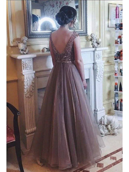 A-Line Bateau Neck Floor Length Tulle / Sequined Bridesmaid Dress with Sequin - RongMoon