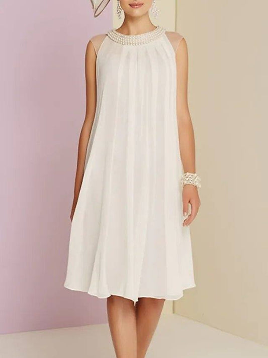 Sheath / Column Mother of the Bride Dress Elegant Jewel Neck Knee Length Chiffon Sleeveless with Pleats Beading - RongMoon