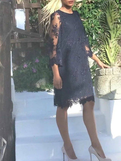 Sheath / Column Mother of the Bride Dress Elegant Jewel Neck Short / Mini Lace Tulle 3/4 Length Sleeve with Appliques - RongMoon