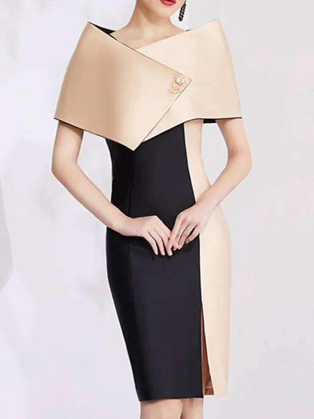 Sheath / Column Mother of the Bride Dress Elegant Jewel Neck Knee Length Stretch Fabric Sleeveless with Beading Color Block - RongMoon