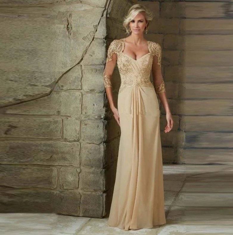 Champagne Mother Of The Bride Dresses A-line V-neck 3/4 Sleeves Chiffon Appliques Beaded Long Groom Mother Dresses For Wedding - RongMoon