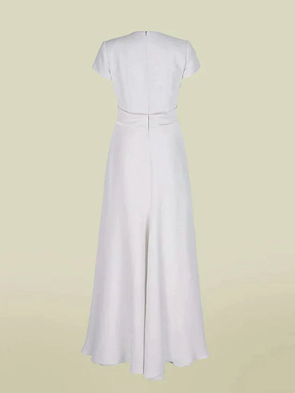 A-Line Mother of the Bride Dress Elegant V Neck Floor Length Charmeuse Short Sleeve with Pleats