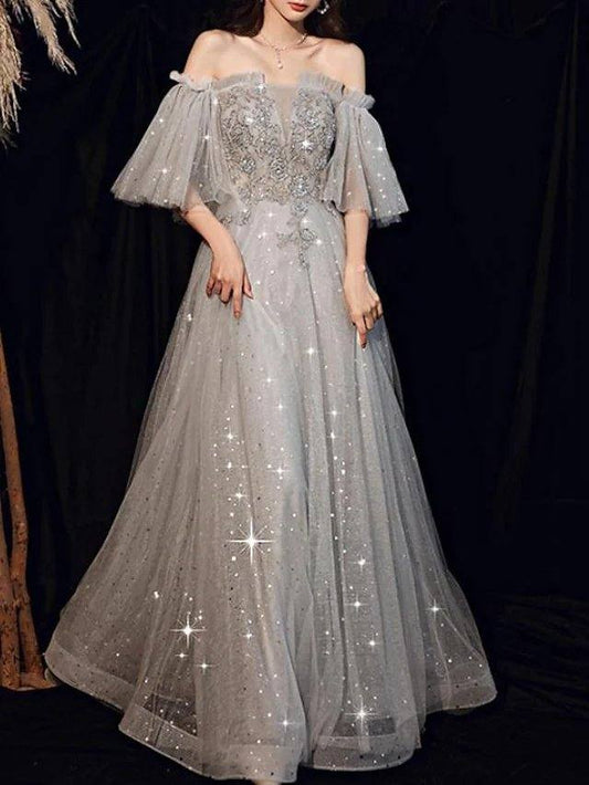 A-Line Glittering Elegant Engagement Formal Evening Dress Off Shoulder Half Sleeve Floor Length Tulle with Pleats Beading Sequin - RongMoon