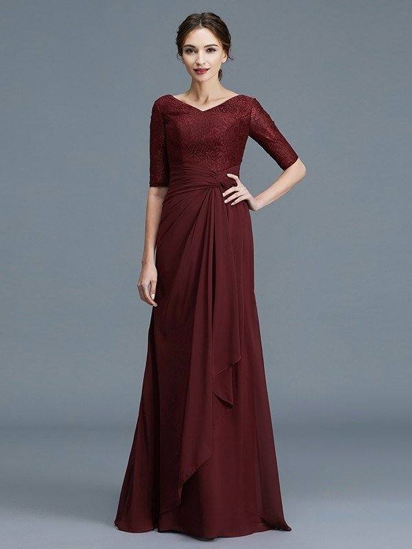 A-Line/Princess V-neck 1/2 Sleeves Ruffles Chiffon Floor-Length Mother of the Bride Dresses - RongMoon
