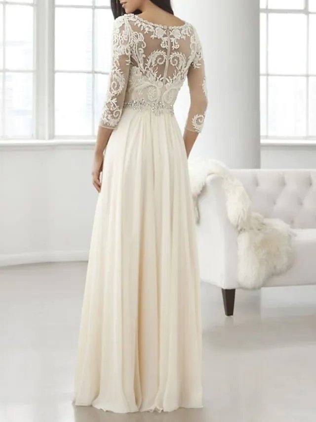 A-Line Mother of the Bride Dress Elegant V Neck Floor Length Chiffon Lace 3/4 Length Sleeve with Pleats Crystal Brooch - RongMoon