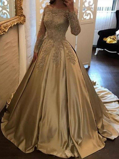 Ball Gown Long Sleeves Off-the-Shoulder Sweep/Brush Train Applique Satin Dresses - RongMoon