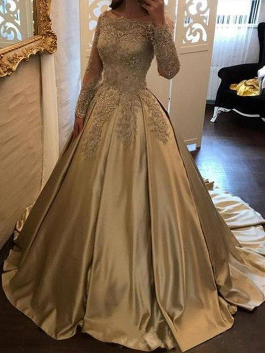 Ball Gown Long Sleeves Off-the-Shoulder Sweep/Brush Train Applique Satin Dresses - RongMoon