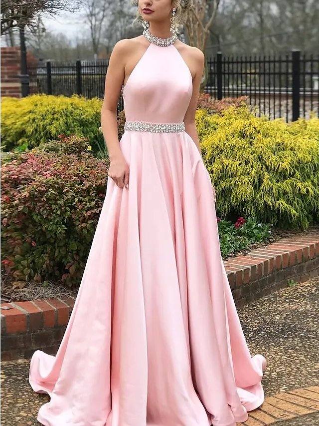 A-Line Beautiful Back Elegant Engagement Prom Dress Halter Neck Sleeveless Sweep / Brush Train Satin with Beading - RongMoon