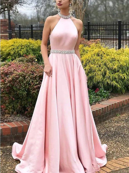 A-Line Beautiful Back Elegant Engagement Prom Dress Halter Neck Sleeveless Sweep / Brush Train Satin with Beading - RongMoon