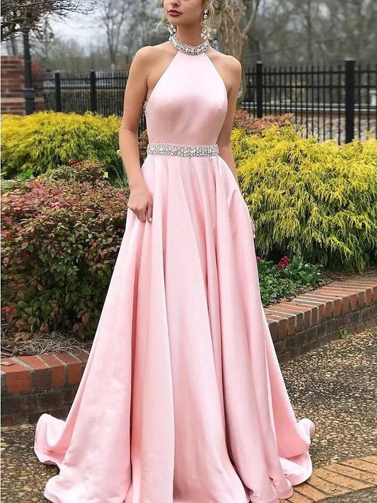 A-Line Beautiful Back Elegant Engagement Prom Dress Halter Neck Sleeveless Sweep / Brush Train Satin with Beading - RongMoon