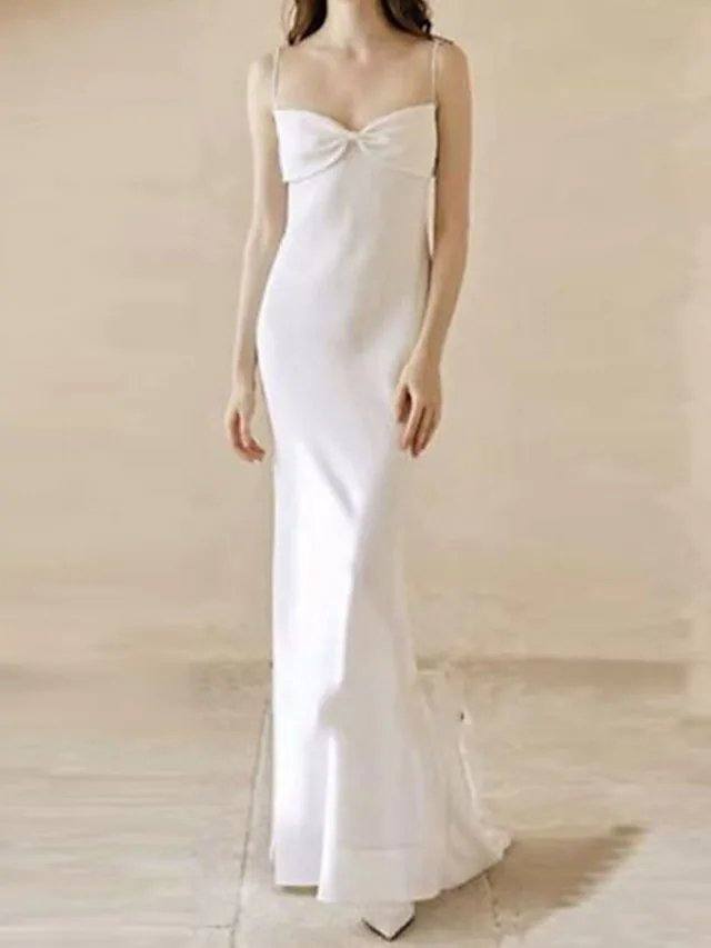 Sheath / Column Wedding Dresses Spaghetti Strap Strapless Floor Length Satin Sleeveless Simple Sexy with Bow(s) - RongMoon