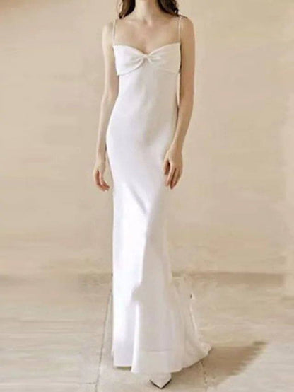 Sheath / Column Wedding Dresses Spaghetti Strap Strapless Floor Length Satin Sleeveless Simple Sexy with Bow(s) - RongMoon
