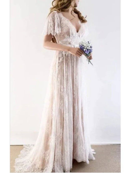 A-Line Wedding Dresses V Neck Sweep / Brush Train Tulle Short Sleeve Illusion Detail with Draping Appliques - RongMoon