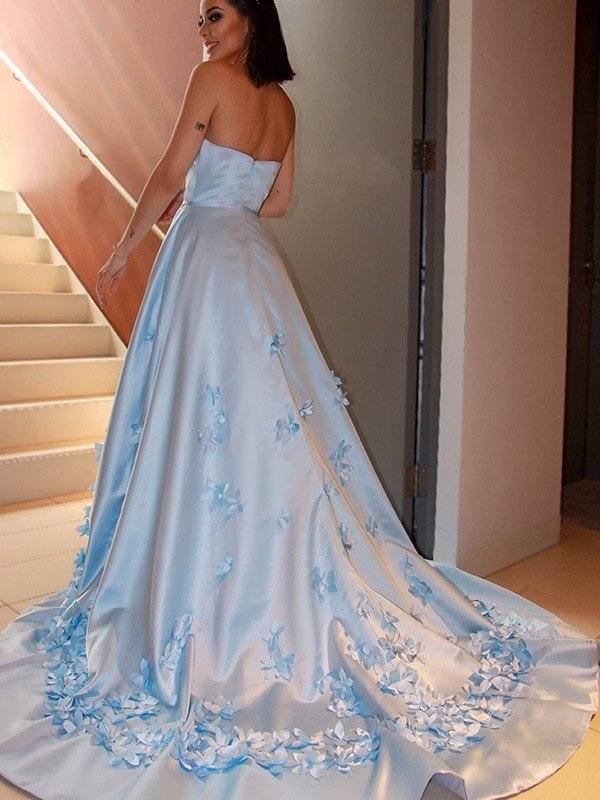 A-Line/Princess Satin Hand-Made Flower Strapless Sleeveless Sweep/Brush Train Dresses - RongMoon