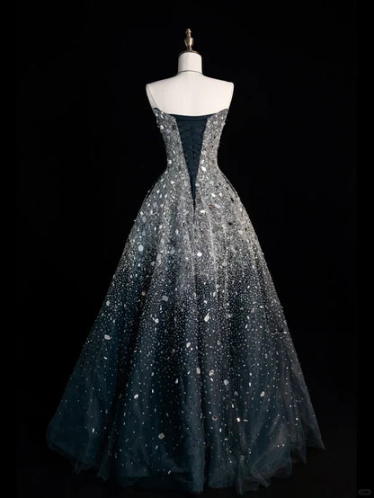 Black silver gorgeous sparkling elegant galaxy long sequined tulle floor-length ball gown evening dress gh4378