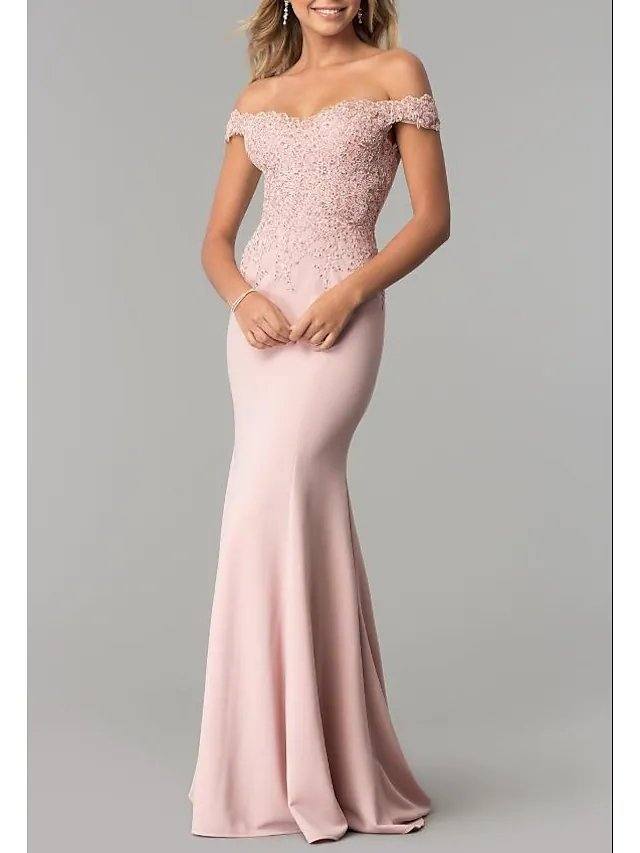Mermaid / Trumpet Elegant Prom Formal Evening Dress Off Shoulder Short Sleeve Sweep / Brush Train Stretch Satin with Appliques - RongMoon