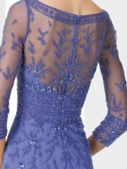 Mermaid / Trumpet Mother of the Bride Dress Elegant Illusion Neck Floor Length Chiffon 3/4 Length Sleeve with Lace - RongMoon