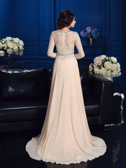 A-Line/Princess Scoop Beading Long Sleeves Long Chiffon Mother of the Bride Dresses - RongMoon