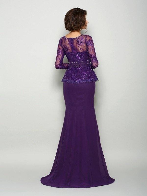 Trumpet/Mermaid Scoop Beading Long Sleeves Long Chiffon Mother of the Bride Dresses - RongMoon