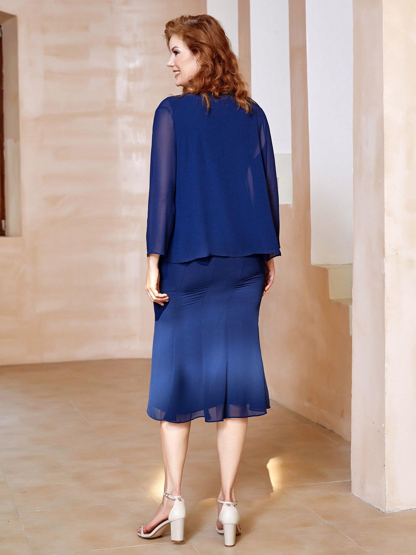 Chiffon Beaded Tea-length Dress with Jacket Navy Blue