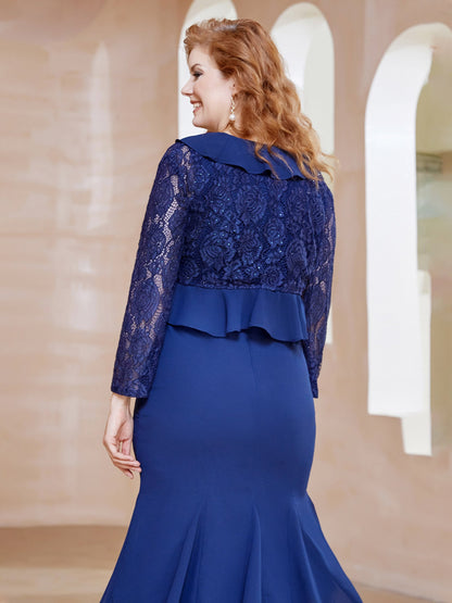 Lace Ruffles Tea-length Dress with Sequins Navy Blue