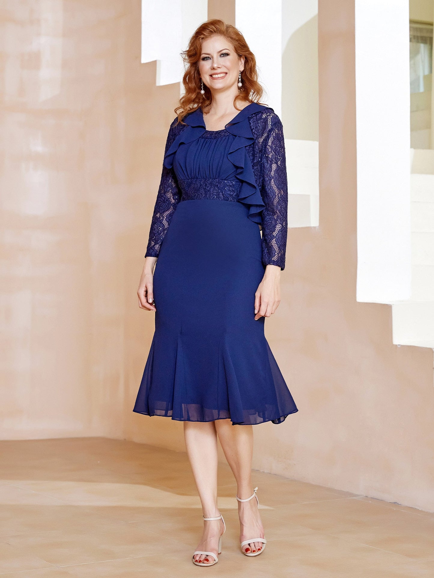 Lace Ruffles Tea-length Dress with Sequins Navy Blue