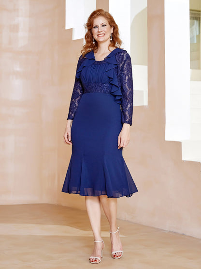 Lace Ruffles Tea-length Dress with Sequins Navy Blue