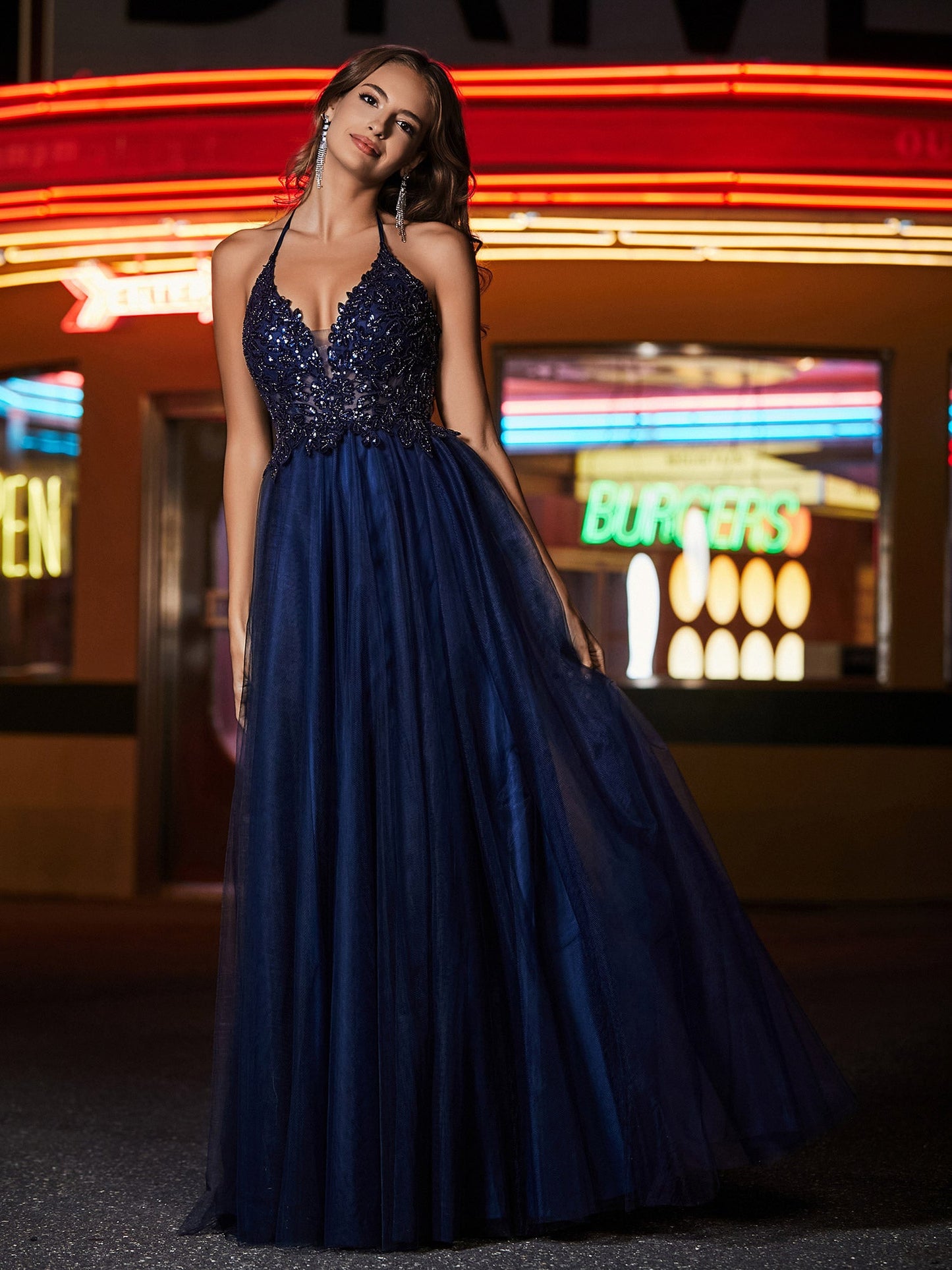 A Line Beaded Bodice Tulle Dress Dark Navy