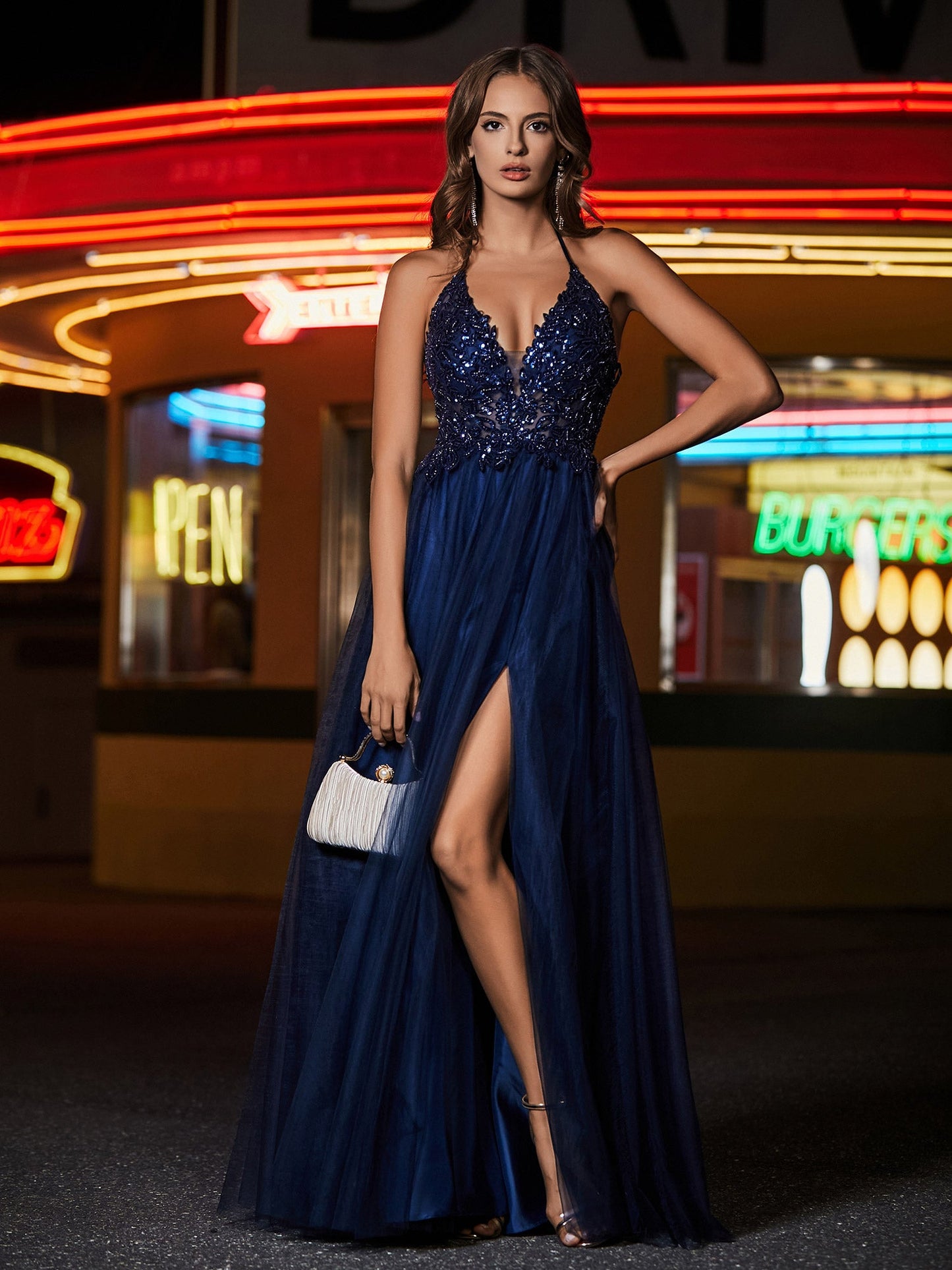 A Line Beaded Bodice Tulle Dress Dark Navy