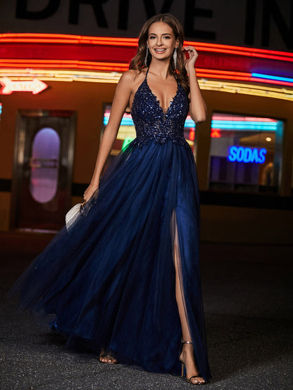 A Line Beaded Bodice Tulle Dress Dark Navy
