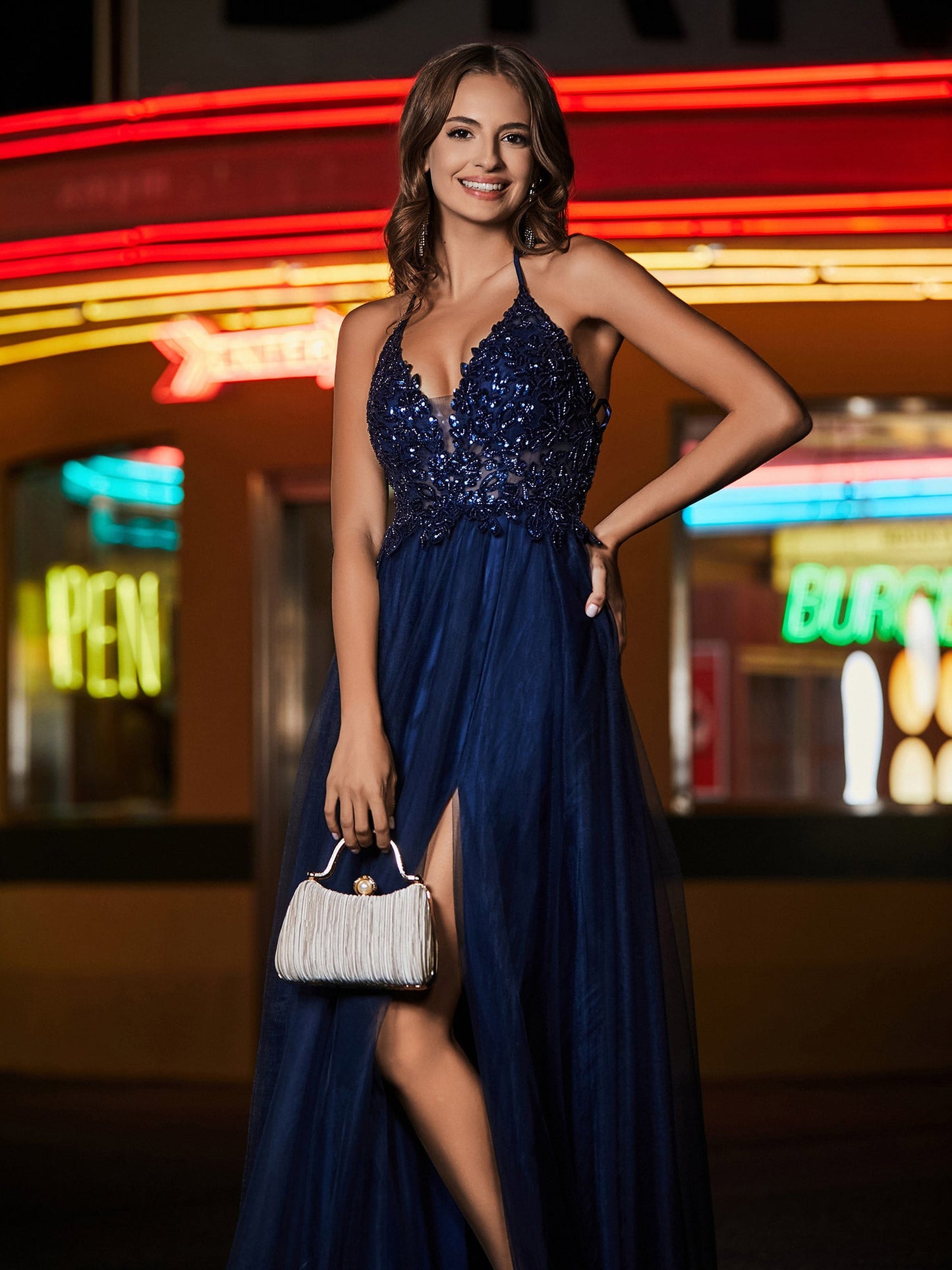 A Line Beaded Bodice Tulle Dress Dark Navy