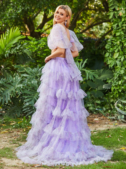 Floral Two Piece Tulle Tiered Dress with Slit Lilac